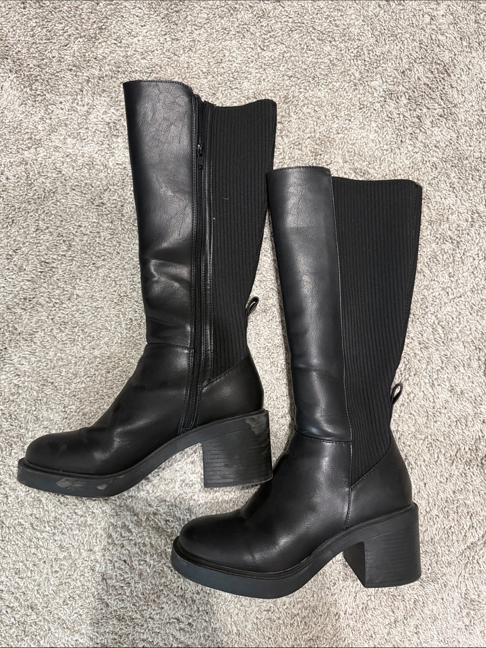 Women's Black Knee-High Stretch Panel Boots - Picture 2 of 6